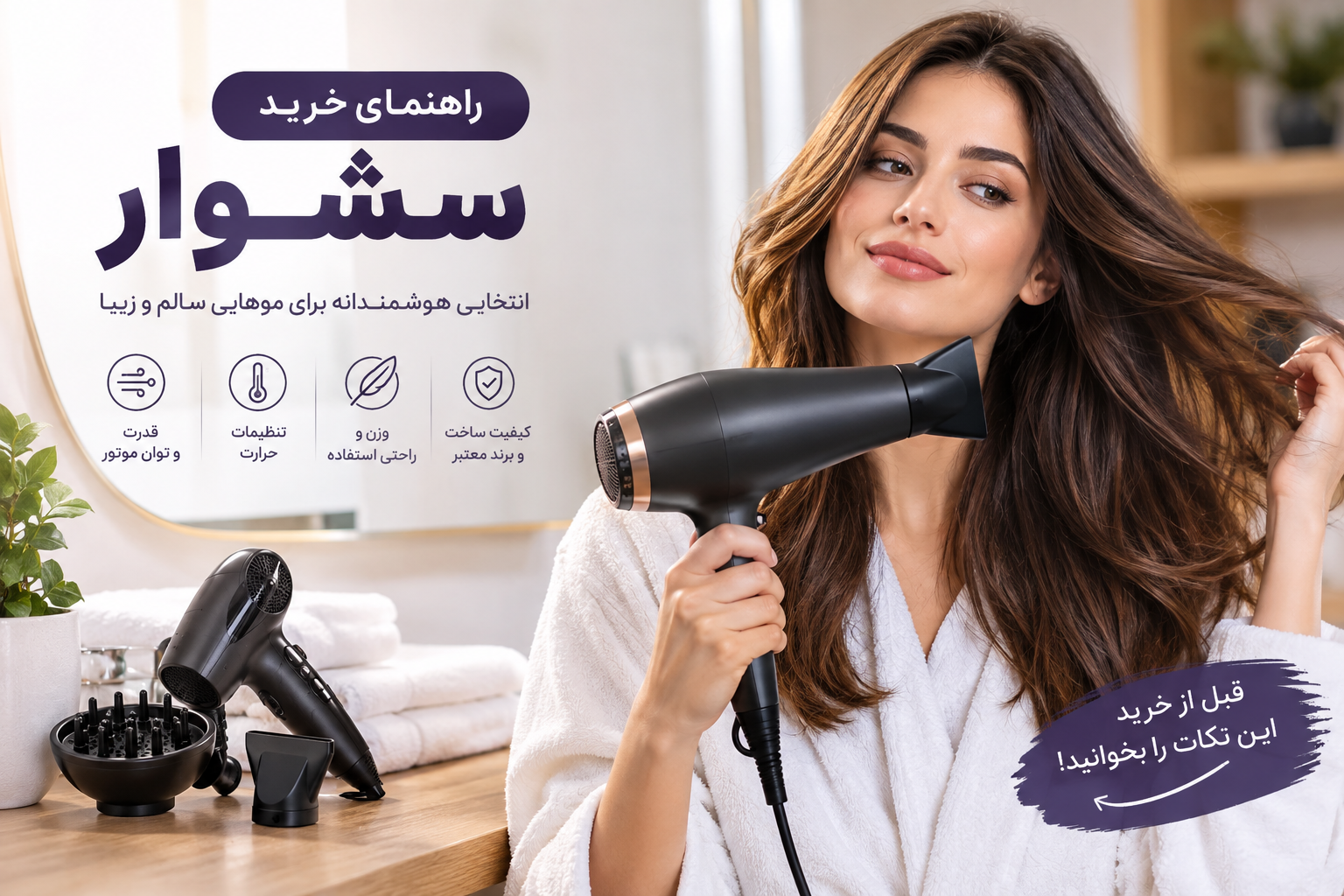 راهنمای کامل خرید سشوار؛ با انواع سشوار، تفاوت مدل‌های خانگی و حرفه‌ای، توان موتور، تنظیمات حرارت و سرعت، فناوری یون و نکات مهم انتخاب سشوار آشنا شوید.